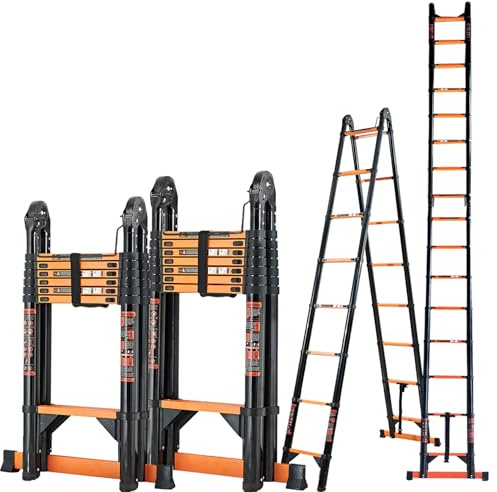 Hooha Leiter für Außenbereich Beschneiden von Pflanzen Gartenleiter 6.6m Stahl Teleskopleiter 2×8 Stufen Strapazierfähig rutschfeste Höhenverstellbar Tragbar mit Stabilisatoren&Räder Tragkraft 150 kg