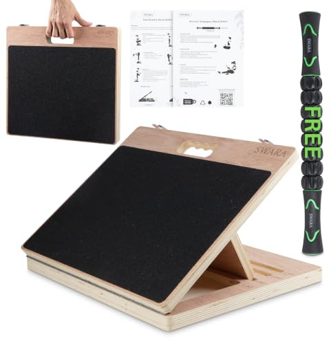17″ Wide, Premium Portable Wooden Slant Board, Thicker Bottom, Squats & Calf Stretching – Professional Adjustable Calf Stretcher Slant Board, Exercise Guide & Bonus Muscle Roller, Physical Therapy
