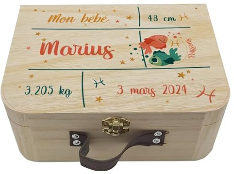 Valisette en Bois Personnalisée pour Bébé, Boîte à Souvenirs de Naissance, Idée cadeau de naissance original - Motifs Signes du Zodiaque - CL0019 (Poissons)
