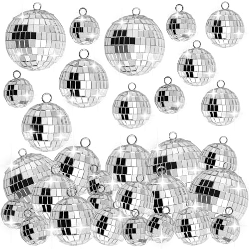 Mirror Disco Ball, Kaluofan 25 PCS Silver Hanging,Mini Glitter Ball Decor | 4 Sizes of Mirror Reflective Mini Glitter Ball Decor for Returning to 70s, Rock and Hip Hop Themed Parties, Birthday, Wedding