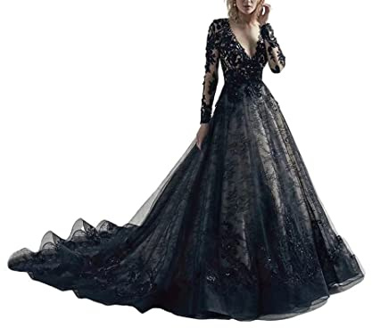 JAEDEN Brautkleider Damen Schwarz Ballkleid Tüll Spitze Hochzeitskleid Langarm Gothic Brautkleid V-Ausschnitt Schwarz 48