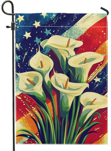 Bandera de jardín de lirio de cala de verano, estrellas florales blancas, pancarta de patio, decoración de césped al aire libre de doble cara para decoración del hogar del Día de la Independencia, 12