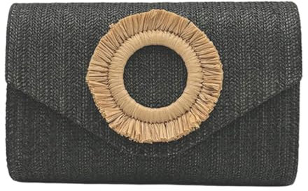 Pochette en paille pour femme - Sac à bandoulière en paille - Sac à main d'été - Sac de plage tissé, Noir