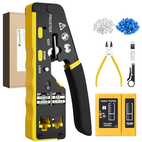 Proster Pince À Sertir RJ45 RJ11 Traversante Cat6 avec Testeur Câble Ethernet – Kit Pince Réseau Professionnel, Outil de Sertissage RJ45 Pass Through pour Installation Réseau et Téléphonique