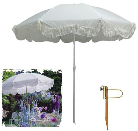 MACAGGTNTU 180cm Sonnenschirm Strandschirm Mit Fransen Terrassenschirm Mit Erdspieß Tragbar Fransen Gartenschirm Für Camping Strand Picknick