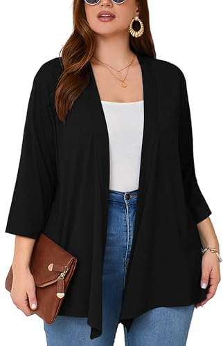 AusLook Women's Plus Size Lightweight Open Front Cardigan Black 2X Causal 3/4 Sleeve Cover Ups Shrugs Tops Shawls and Wraps Kimono Jacket Coat