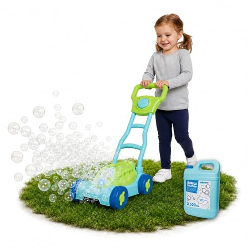 alldoro 2-in-1 Seifenblasen-Set, Bubble-Spielzeug, Pusteblasen-Spielzeug | Seifenblasen-Rasenmäher & Nachfüllkanister (2,5L), Gartenspielzeug mit LED-Licht und Hupe für Kinder ab 3 Jahren