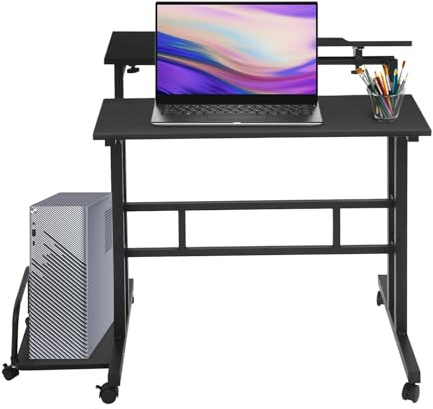 KAUITOPU Schreibtisch höhenverstellbar, Computertisch mit Rollen, Schreibtisch klein auf Rollen, Laptoptisch mit Tastaturauszug und Regal (Schwarz)