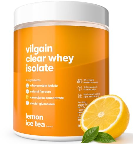 Vilgain Clear Whey Isolate Molkenproteinisolat 500g Pulver Zitronen-Eistee | 85% Eiweiß, BCAAs & Leucin, Stevia-Süße, ohne Sucralose, erfrischender Eistee-Zitronen-Geschmack, fettfrei, zuckerarm