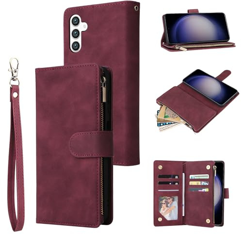 QLTYPRI Case for Samsung Galaxy S25 FE, Large Capacity Leather Wallet Case 6 Card Holder & 1 Zipper Pocket Kickstand Wrist Strap Magnetic Protective Cover for Samsung S25 FE - Wine Red
