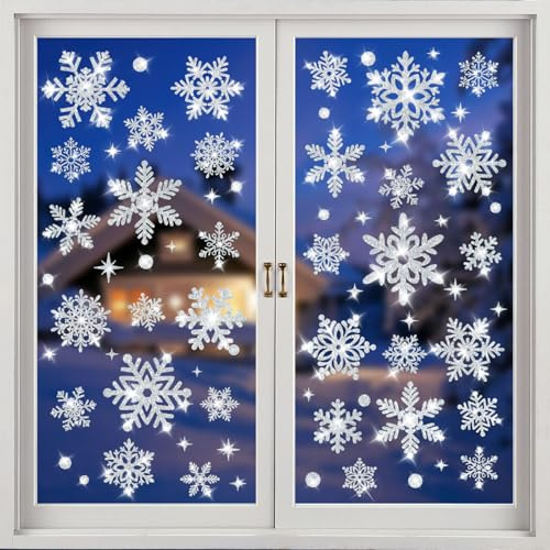 180 Glitzernde Schneeflocken Fensterdeko für Fensterscheiben, Schneeflocke Weihnachtsdeko, Wiederverwendbar Statisch Haftend PVC Aufkleber, Winter Schneeflocken Weihnachtsdeko
