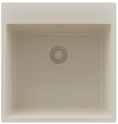 PRIMAGRAN Evier Cuisine en Granit au Meuble 50cm + Kit de Vidage, 48x50cm | Set: Kit de Vidage (Siphon, bonde d’évacuation, trop-plein) + Lavabo 1 Bac - Riga, Tout Beige