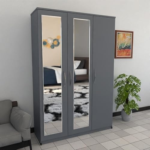 Fully Assembled Wardobe, 3 Door wardrobe, Mirrored 116cm (Grey)