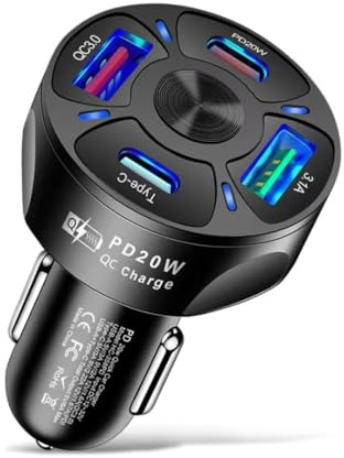 USB C Car Charger Adaptor USB C 4 Port, Car Cigarette Lighter Phone Charger 35W 7A Fast Charging Compatible with iPhone Samsung Galaxy iPad Huawei Xiaomi