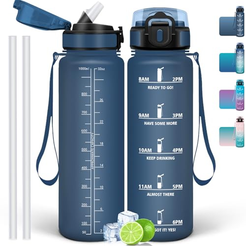 Mulbijeo Borraccia 1000 ML, Borraccia da Palestra senza BPA con Indicatore di Tempo, Borraccia Sportiva Motivazionale in Plastica, con Cannuccia