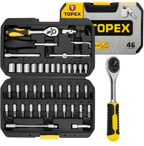 TOPEX Steckschlüsselsatz 1/4 Zoll 46-teilig 72T Ratsche Stecknüssen Bits | Verlängerungen T-Griff Kardangelenk Adapter, Kunststoffkoffer Chrom-Vanadium-Stahl