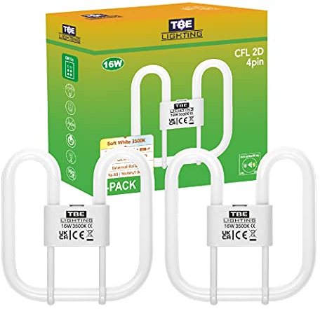 TBE Lighting, Lampadine CFL a risparmio energetico, 16 W 2D, 4 pin, lampadine fluorescenti DD, attacco GR10q da 4 pin, a lunga durata, colore: bianco freddo, 3500 K, Vetro, Confezione da 2, GR10q