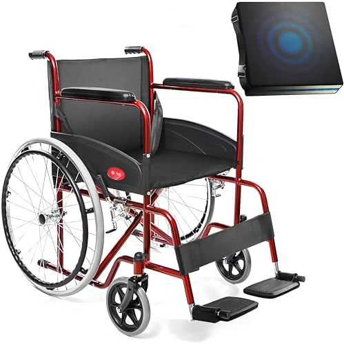 AIESI® Sedia a Rotelle pieghevole leggera per disabili ed anziani AGILA BASIC, Cuscino antidecubito in gel, Braccioli e poggiapiedi fissi, Cintura di sicurezza, Garanzia Italia 24 mesi