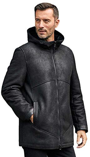 Schaffell-Jacke für Herren mit langem Fell und schwarzer Lederjacke, Freizeitmantel, warme Wintermäntel Gr. XL, Schwarz