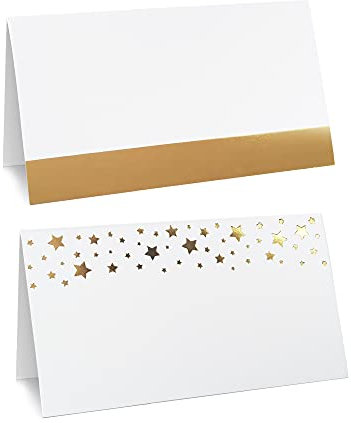 CLEVER SIGNS 100 Pack Gold Place Cards for Wedding Party Reception, 2 X 3.5, Double Design, Gold Foil Stars and Line, Scored for Easy Folding, Place Cards for Table Setting