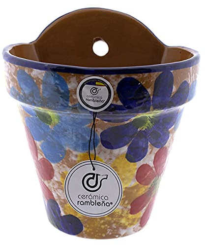 CERÁMICA RAMBLEÑA | Maceta Colgante Pileta | Maceta de Barro para Colgar | Maceta Pared Patios de Córdoba Primavera | 100% Decorada a Mano | 16.5x15x18.5 cm