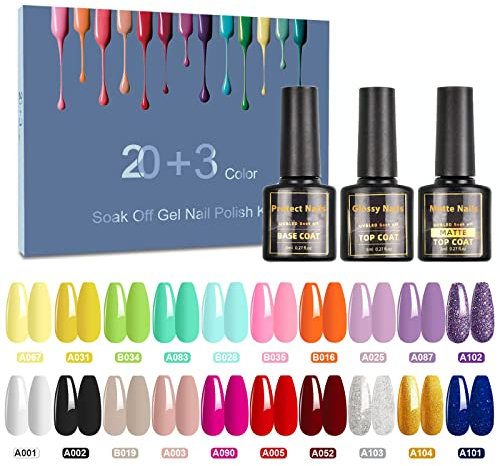 Gel Nail Polish- SHOWNAIL 23Pcs Gel Polish Set Soak Off with Base Glossy Matte Top Coat, Nude Neon Pink White Black Glitter Gel Nail Polishes Colour Set DIY Collection, 8ML