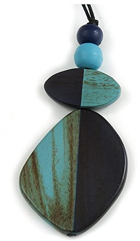 Avalaya Collana Ciondolo in legno con motivo geometrico, colore: blu scurofoglia di tè nero, corda in cotone cerato, 80 cm L max13 cm