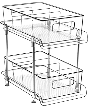 HIHEGD 2 Tier Bathroom Storage With Dividers, Clear Under Sink Pull Out Organizer for Kitchen Pantry, Medicine Cabinet