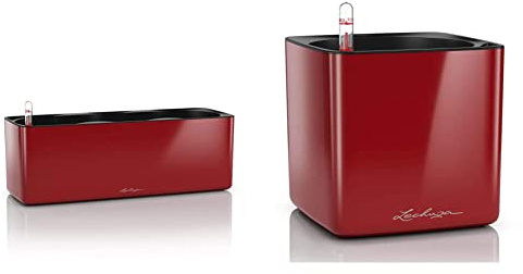 Lechuza Cube Glossy Triple, Scarlet Rot & Cube Glossy 16, Lackierte Oberfläche, Scarlet Rot, Hochwertiger Kunststoff, Inkl. Stick-Bewässerungssystem, Für Innenbereich, 13522