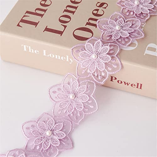 2 Yards 6 CM Perlenbesetzter Blumenmuster-Spitzenbesatz, Spitzenband Mit Perlen Spitzenborte ZierbordüRe Geschenkband Spitzband BordüRe Spitze HäKelbordüRe Lace Roll Stoffborte Perlenband,Helles Lila