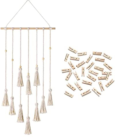 Fotowand,Makramee Wandbehang Wandteppich Foto Collage Wand mit 30 Holzklammern,Boho Deko Chic Gewebte Tapisserie,Bildorganisator für Wohnkultur,Schlafzimmer, Hochzeitsfeier 108 x 43cm (LxW) (Weiß)