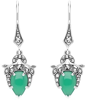 Esse Marcasite Sterling Silver Art Nouveau Green Chalcedony & Marcasite Leverback Drop Earrings