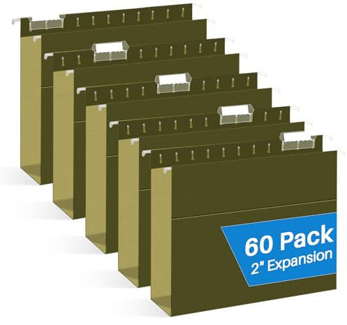 Extra Capacity Hanging File Folders, RAZCC 60 Pack Letter Size Reinforced Hanging Folders with Heavy Duty 2 Inch Expansion for Bulky Files, Filing Cabinet, Adjustable Tabs, Green
