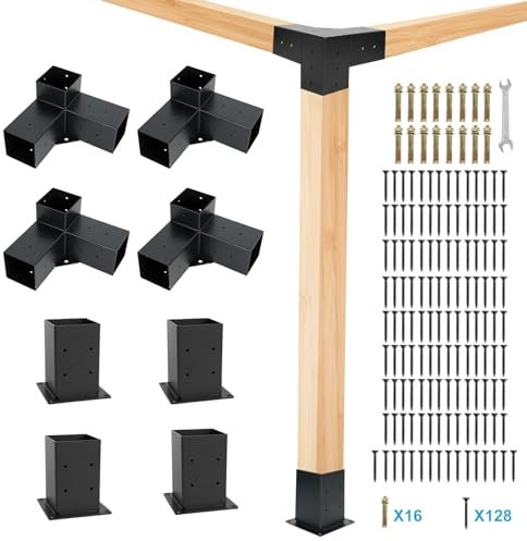 Aikosin Kit de Supports de Pergola pour Tonnelle 4 x 4 (8,9 x 8,9 cm), Équerre d'Angle à 3 Voies avec Base de Poteau