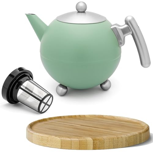 Bredemeijer große grüne Edelstahl Teekanne 1.2 Liter doppelwandig - pastellfarbene isolierende Kanne mit braunem Holzuntersetzer & Teefilter-Sieb-Einsatz