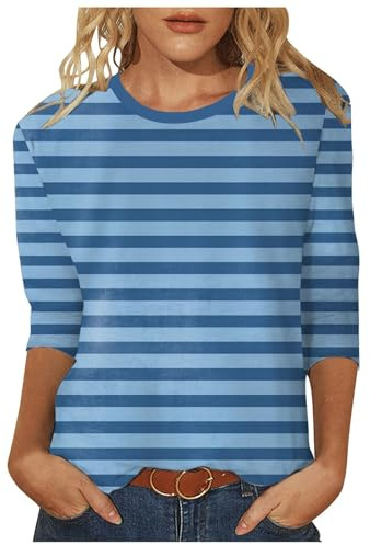 T Shirt Donna Manica Corta Bianche Cotone Cotone Maglietta Elegante Donna Maglietta a Righe 3/4 T-Shirt Estive con Girocollo Modello Vintage con Scollo Rotondo E Spalle Arrotondate (Sky Blue, S)
