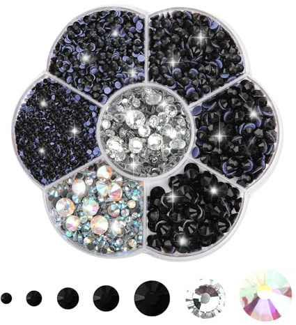 3000PCS Hotfix Strasssteine, Glitzersteine für Textilien 7 Größen 2mm-8.6mm | Kristallsteine zum Basteln Kleben, Rhinestones für Nagel Kunst Kleidung DIY Handwerk, Schwarz