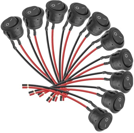 YAODHAOD 10 Stück 12V Wippschalter SPST Switch 10 A/125 V, 6 A/250 V Rocker Kippschalter (mit Draht) Runde Schalter Wippschalter Button für Truck Jeep Off Road Boat Marine (schwarz)
