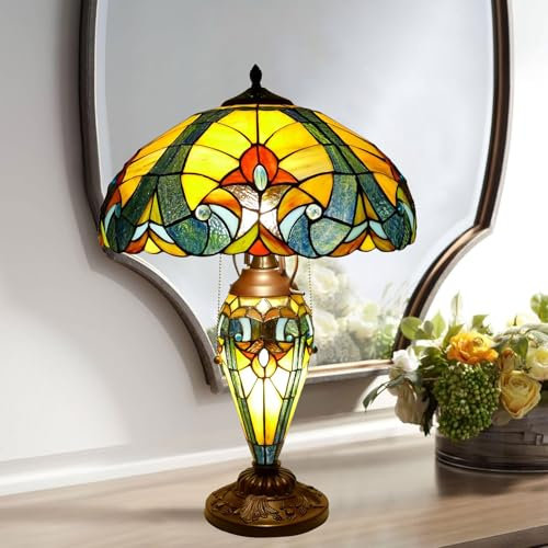 BOTOWI Tiffany Tischlampe mit Nachtlicht 16 breite handgemachte Buntglaslampe viktorianischer Meer Grün & Bernstein Gelb Tischleuchte Antik 2 Licht Barock Schreibtischlampe für Zuhause Büro,Gelb