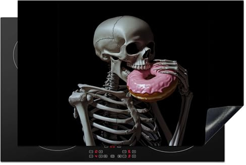 KitchenYeah© Herdabdeckplatte 81x52 cm Einteilig Induktionsmatte Küche Abdeckung Ceranfeld Herd Abdeckplatte Deko Vinyl Matte Aufrollbar Skelett - Donut - Essen - Totenkopf - Rosa