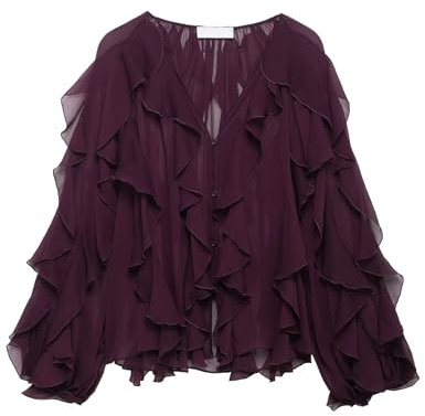 Shiyifa Womens Sheer Ruffle Blouse V Neck See Through Chiffon Ruffled Tops Summer Going Out Tops, Wine, L