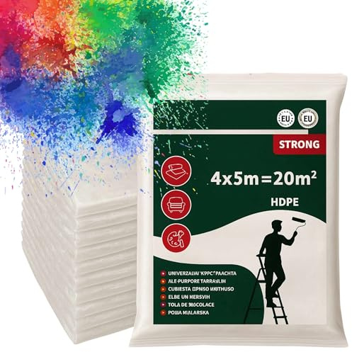 PLAYZOCO Cubiertas de lona multiuso, Plástico cubretodo, Plástico Protector Para Cubrir Muebles y Suelos, Para interior y exterior, 4 x 5 metros (20 m2), Grosor 10 micras, Contiene 24 unidades