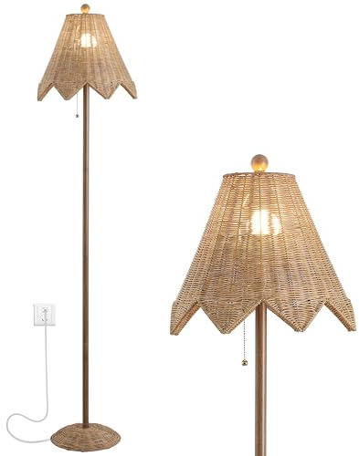 JONATHAN Y 60.5 Natural Brown Rattan Scalloped Floor Lamp, Traditional Coastal Bohemian Wicker Standing Light for Living Room, Pull-Chain, LED Bulb Included JYL5501A