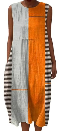 Linen Dresses Cheesecloth Dress for Women Summer Casual V Neck Italian Midi Short Sleeveless A-line Sundress Tunic Breathable Floral With Pockets Beach Lightweight Shift Plus Size Ladies UK Italy