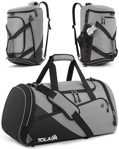 Tolaccea 47 l sportväska stor sportväska ryggsäck med skofack våtfack veckor resväska duffel väska fitness träningsväska för män kvinnor gym, resor, simning, bastu, fotboll, svart-grå, 60L, Sportig