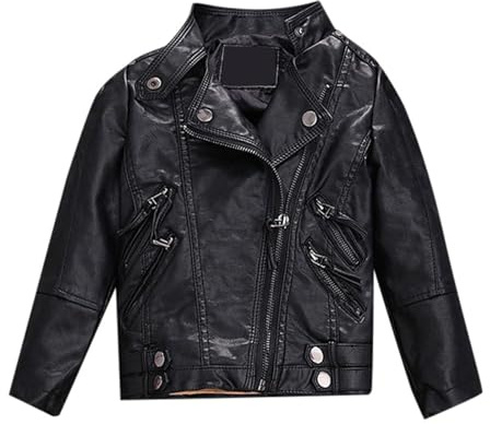 2026 - Chaqueta de cuero PU de primavera para niños y niñas Abrigo de motocicleta para niños Chaqueta de cuero sintético joyería flauta travesera, Negro , 4-5 años