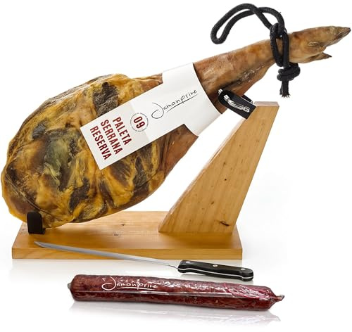 Serranoskinka 4,5–5 Kg + Skinkhållare med Kniv + Iberisk Chorizo | Mild Skinkaxel för Tapas, Provsmakningar och Gourmetgåvor | Traditionell Spansk Serranoskinka | Paleta Cebo Gran Selección
