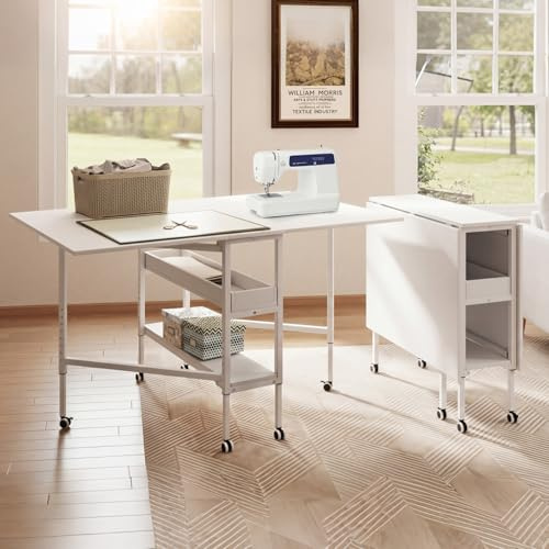 Levede Folding Adjustable Sewing Table, Height 84-102cm, Mobile Casters with Brakes, Sturdy Steel Frame, Extra Storage Shelves, Reinforced Hinges, Versatile Craft & Home Office Desk