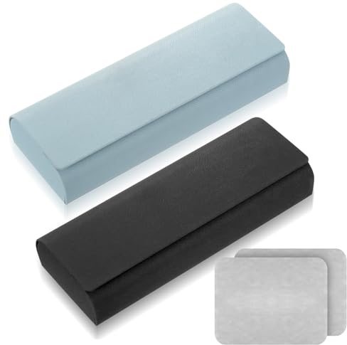 ANBEEISS Estuche para Gafas Magnético 2 Unidades con Paños de Microfibra, para Gafas de Lectura y Graduadas, Portagafas para Coche Artesanal, Azul Claro y Negro