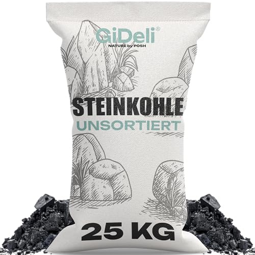 GiDeli Carbón de carbón de 25 kg para horno y estufa de leña – Carbón antracita sin clasificar 5 – 50 mm – Alto poder calorífico 24 – 26 MJ/kg – Big Bag – Carbón calefactor para calefacción